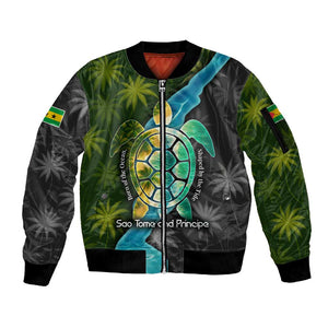 Sea Turtle Sao Tome and Principe Sleeve Zip Bomber Jacket Ocean Tide and Tropical Palm - African Pride