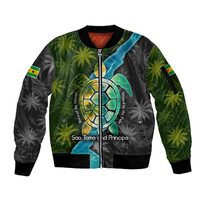 Sea Turtle Sao Tome and Principe Sleeve Zip Bomber Jacket Ocean Tide and Tropical Palm - African Pride