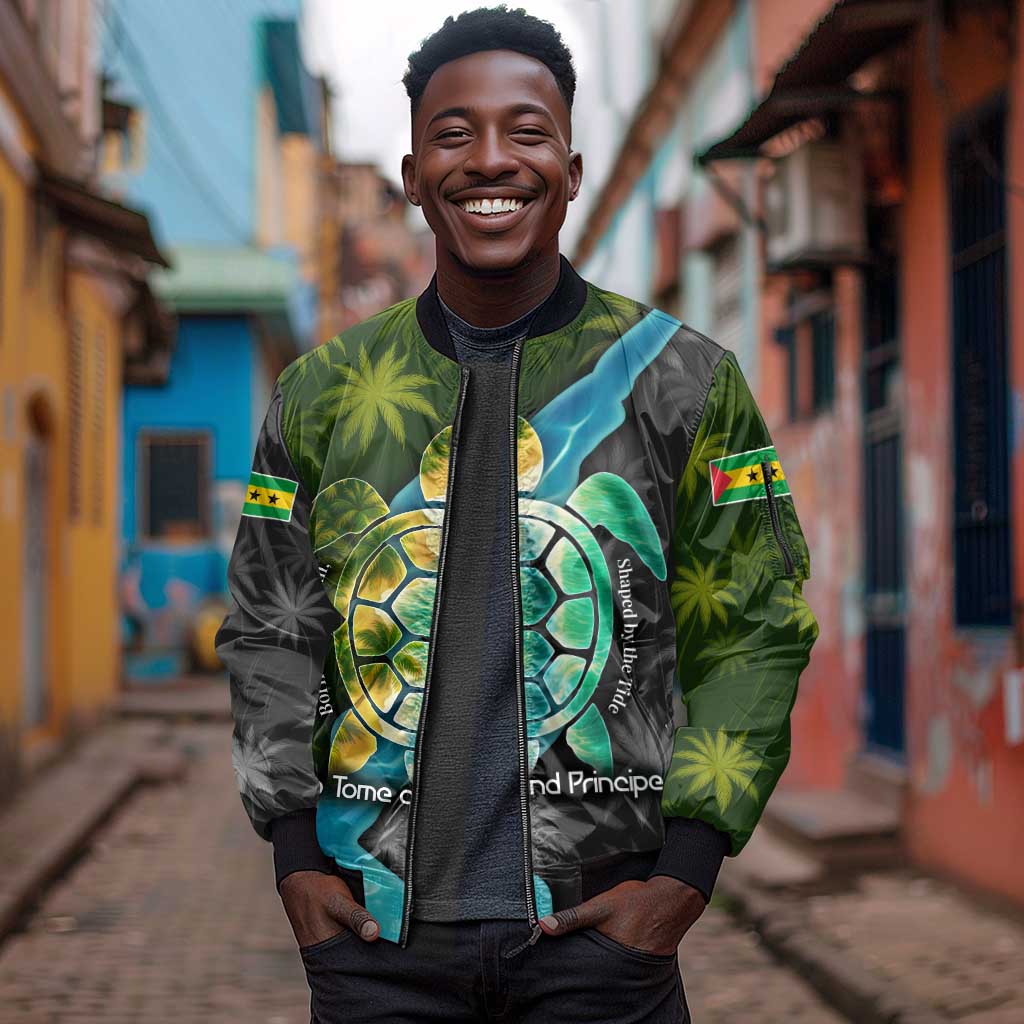 Sea Turtle Sao Tome and Principe Sleeve Zip Bomber Jacket Ocean Tide and Tropical Palm - African Pride