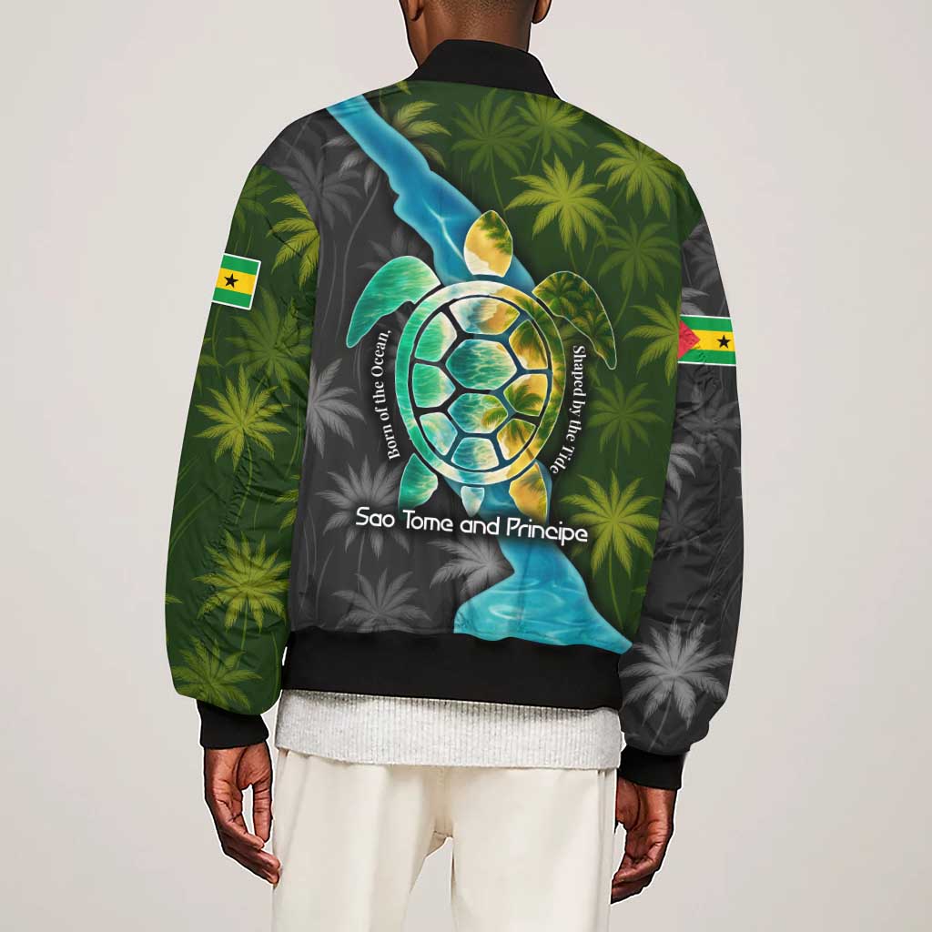 Sea Turtle Sao Tome and Principe Sleeve Zip Bomber Jacket Ocean Tide and Tropical Palm - African Pride