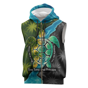 Sea Turtle Sao Tome and Principe Sleeveless Zip Hoodie Ocean Tide and Tropical Palm - African Pride