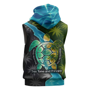 Sea Turtle Sao Tome and Principe Sleeveless Zip Hoodie Ocean Tide and Tropical Palm - African Pride