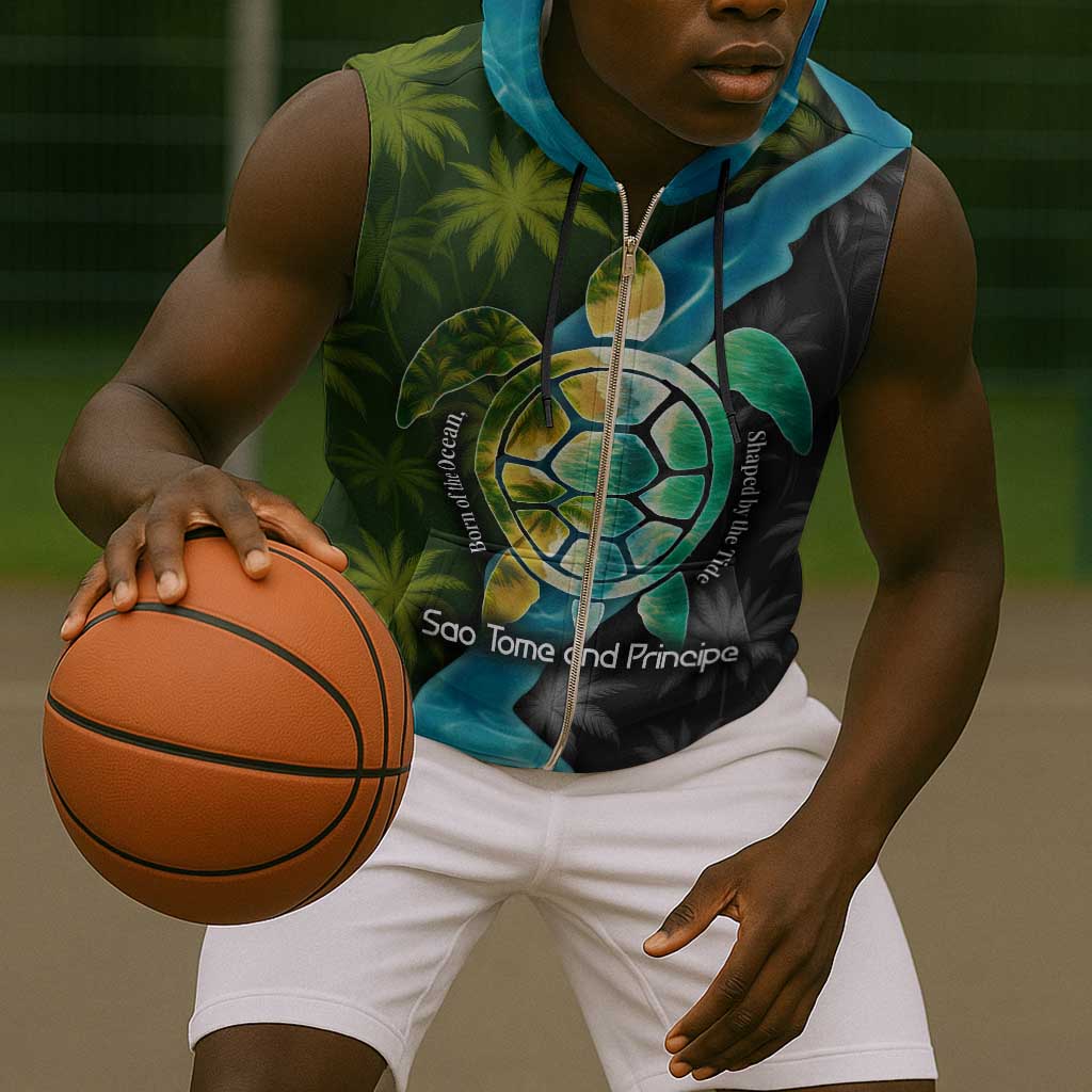 Sea Turtle Sao Tome and Principe Sleeveless Zip Hoodie Ocean Tide and Tropical Palm - African Pride