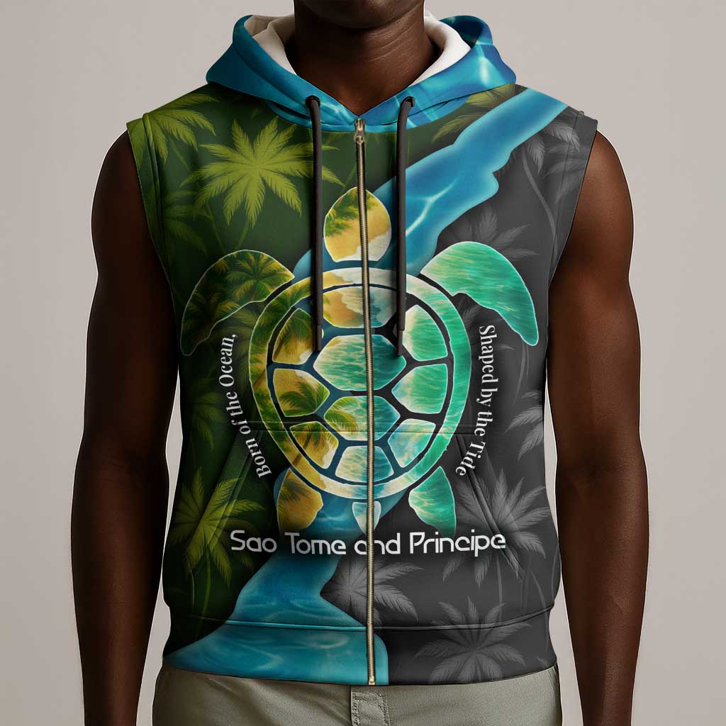 Sea Turtle Sao Tome and Principe Sleeveless Zip Hoodie Ocean Tide and Tropical Palm - African Pride
