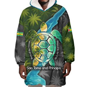 Sea Turtle Sao Tome and Principe Wearable Blanket Hoodie Ocean Tide and Tropical Palm - African Pride