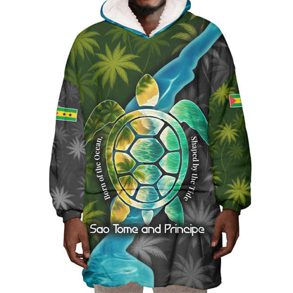 Sea Turtle Sao Tome and Principe Wearable Blanket Hoodie Ocean Tide and Tropical Palm - African Pride