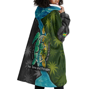 Sea Turtle Sao Tome and Principe Wearable Blanket Hoodie Ocean Tide and Tropical Palm - African Pride