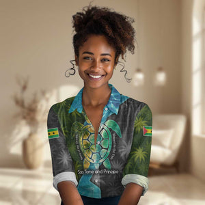 Sea Turtle Sao Tome and Principe Women Casual Shirt Ocean Tide and Tropical Palm - African Pride