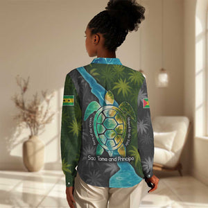 Sea Turtle Sao Tome and Principe Women Casual Shirt Ocean Tide and Tropical Palm - African Pride