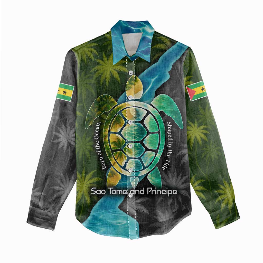 Sea Turtle Sao Tome and Principe Women Casual Shirt Ocean Tide and Tropical Palm - African Pride