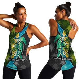 Sea Turtle Sao Tome and Principe Women Racerback Tank Ocean Tide and Tropical Palm - African Pride