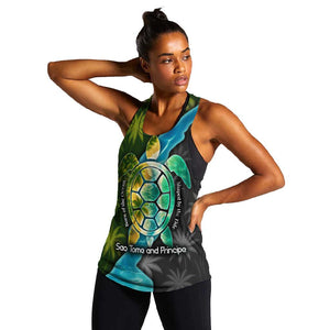Sea Turtle Sao Tome and Principe Women Racerback Tank Ocean Tide and Tropical Palm - African Pride