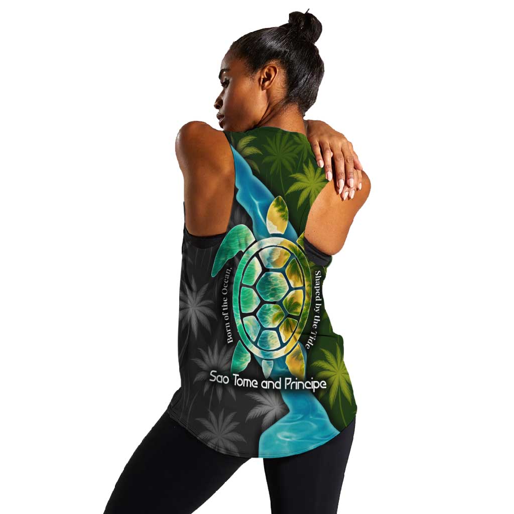 Sea Turtle Sao Tome and Principe Women Racerback Tank Ocean Tide and Tropical Palm - African Pride