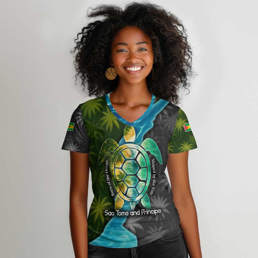 Sea Turtle Sao Tome and Principe Women V-Neck T-Shirt Ocean Tide and Tropical Palm - African Pride