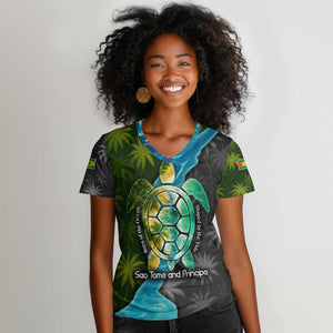 Sea Turtle Sao Tome and Principe Women V-Neck T-Shirt Ocean Tide and Tropical Palm - African Pride