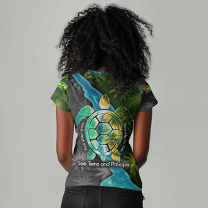 Sea Turtle Sao Tome and Principe Women V-Neck T-Shirt Ocean Tide and Tropical Palm - African Pride