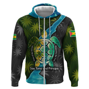 Sea Turtle Sao Tome and Principe Zip Hoodie Ocean Tide and Tropical Palm - African Pride