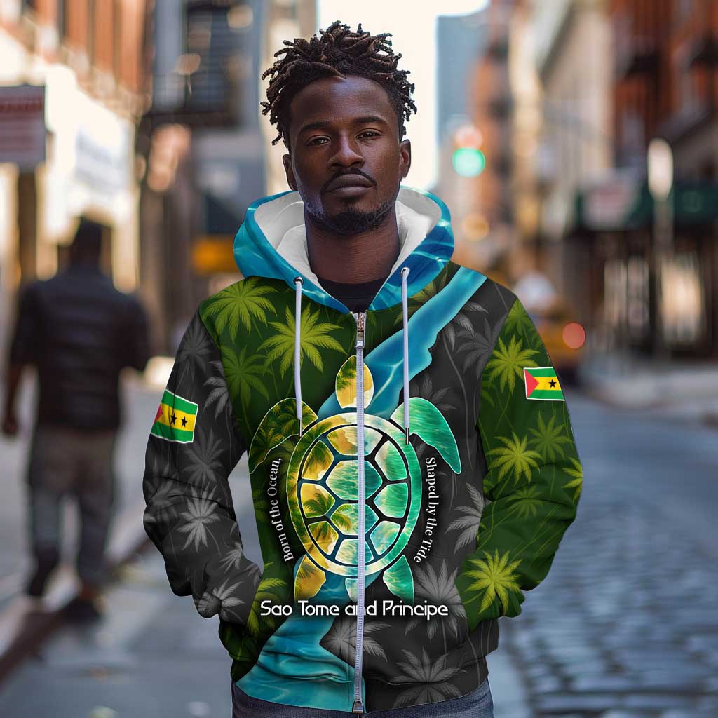 Sea Turtle Sao Tome and Principe Zip Hoodie Ocean Tide and Tropical Palm - African Pride