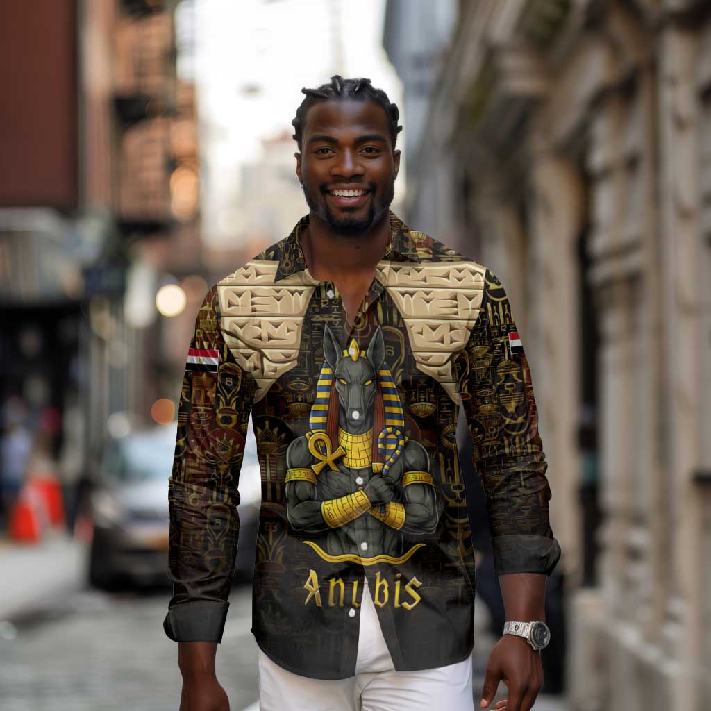 Anubis Egypt Long Sleeve Button Shirt Ancient Hieroglyph Pharaoh Spirit - African Pride