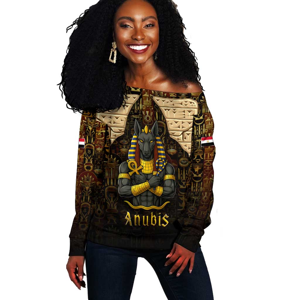 Anubis Egypt Off Shoulder Sweater Ancient Hieroglyph Pharaoh Spirit - African Pride