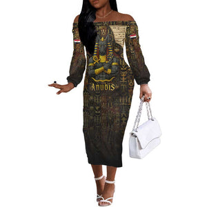 Anubis Egypt Off The Shoulder Long Sleeve Dress Ancient Hieroglyph Pharaoh Spirit - African Pride