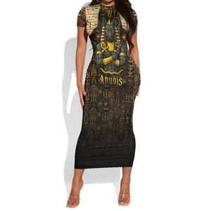 Anubis Egypt Short Sleeve Bodycon Dress Ancient Hieroglyph Pharaoh Spirit - African Pride