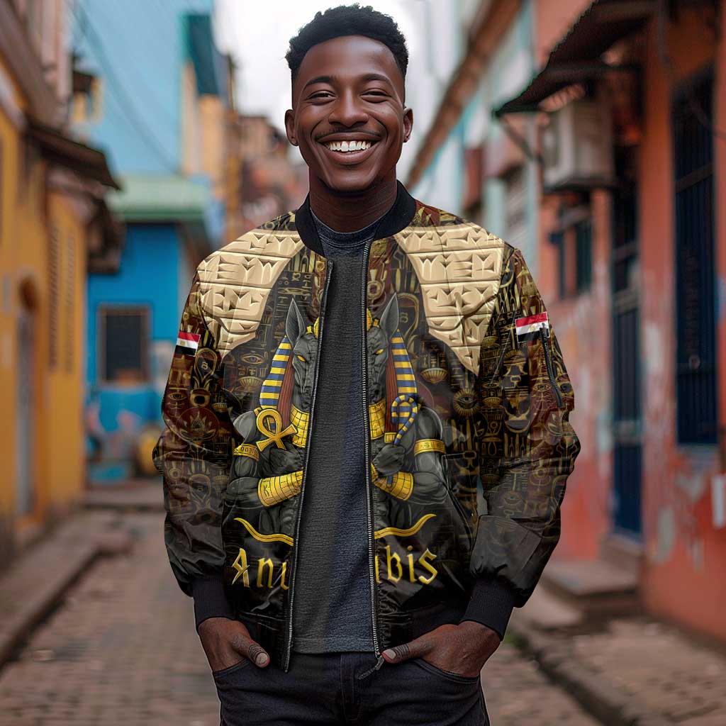 Anubis Egypt Sleeve Zip Bomber Jacket Ancient Hieroglyph Pharaoh Spirit - African Pride
