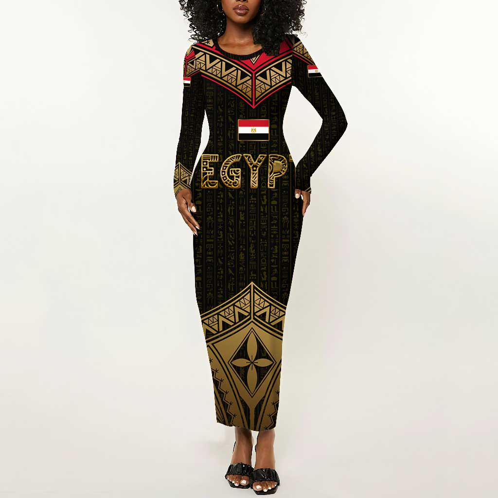 Ankh Eye of Horus Egypt Long Sleeve Bodycon Dress Ancient Black Gold Hieroglyph Spirit - African Pride