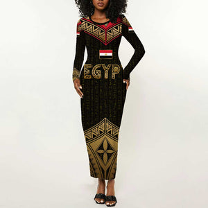 Ankh Eye of Horus Egypt Long Sleeve Bodycon Dress Ancient Black Gold Hieroglyph Spirit - African Pride