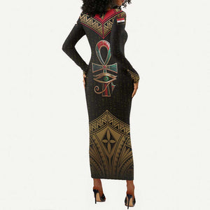 Ankh Eye of Horus Egypt Long Sleeve Bodycon Dress Ancient Black Gold Hieroglyph Spirit - African Pride