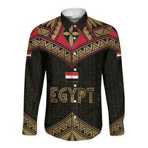 Ankh Eye of Horus Egypt Long Sleeve Button Shirt Ancient Black Gold Hieroglyph Spirit - African Pride