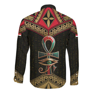 Ankh Eye of Horus Egypt Long Sleeve Button Shirt Ancient Black Gold Hieroglyph Spirit - African Pride