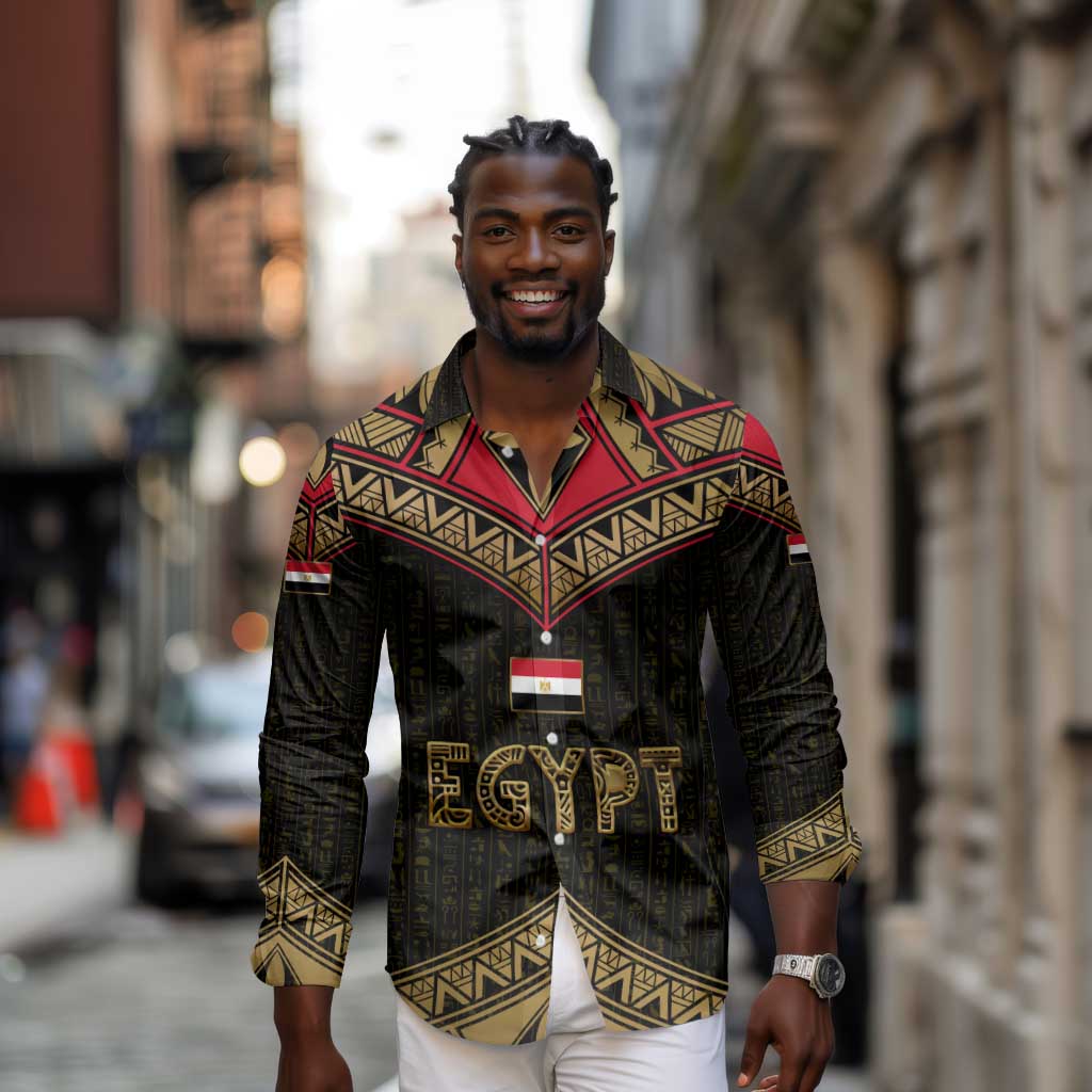 Ankh Eye of Horus Egypt Long Sleeve Button Shirt Ancient Black Gold Hieroglyph Spirit - African Pride