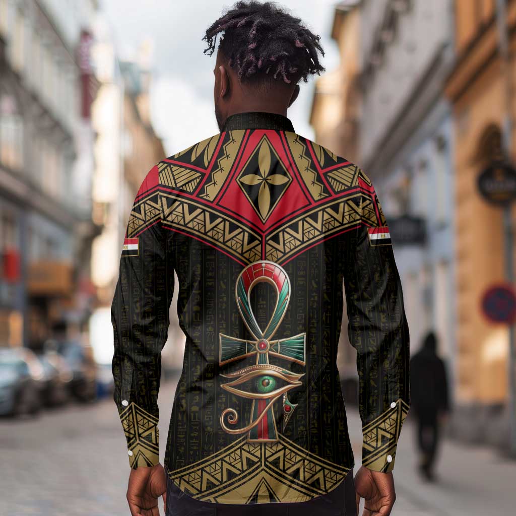 Ankh Eye of Horus Egypt Long Sleeve Button Shirt Ancient Black Gold Hieroglyph Spirit - African Pride