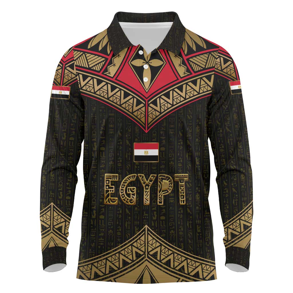 Ankh Eye of Horus Egypt Long Sleeve Polo Shirt Ancient Black Gold Hieroglyph Spirit - African Pride