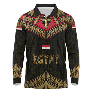 Ankh Eye of Horus Egypt Long Sleeve Polo Shirt Ancient Black Gold Hieroglyph Spirit - African Pride