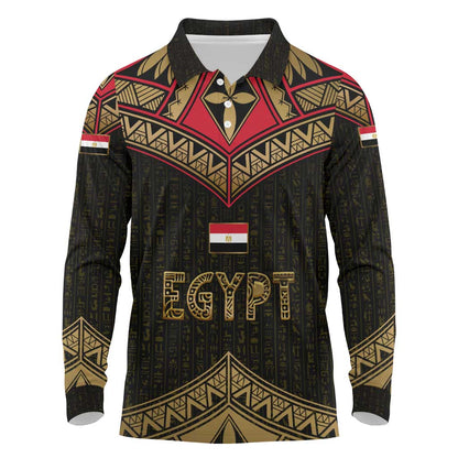 Ankh Eye of Horus Egypt Long Sleeve Polo Shirt Ancient Black Gold Hieroglyph Spirit - African Pride