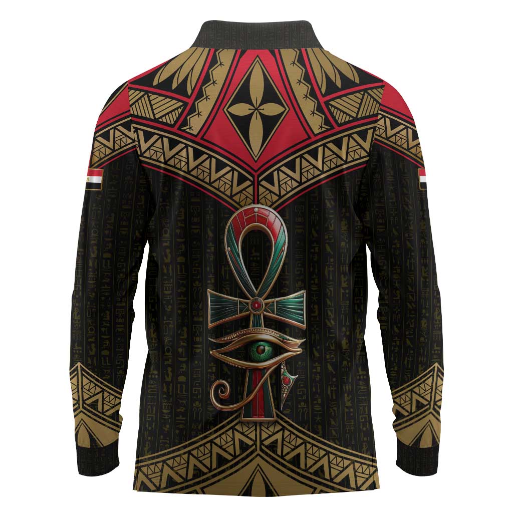 Ankh Eye of Horus Egypt Long Sleeve Polo Shirt Ancient Black Gold Hieroglyph Spirit - African Pride