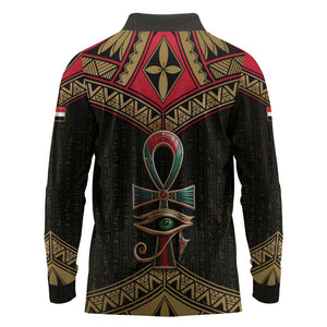 Ankh Eye of Horus Egypt Long Sleeve Polo Shirt Ancient Black Gold Hieroglyph Spirit - African Pride