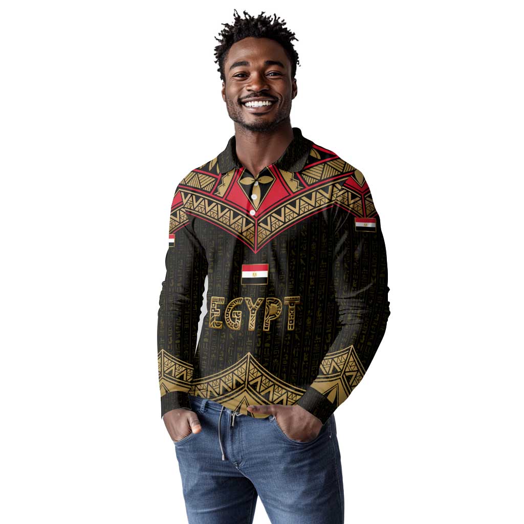 Ankh Eye of Horus Egypt Long Sleeve Polo Shirt Ancient Black Gold Hieroglyph Spirit - African Pride