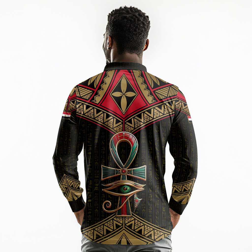 Ankh Eye of Horus Egypt Long Sleeve Polo Shirt Ancient Black Gold Hieroglyph Spirit - African Pride