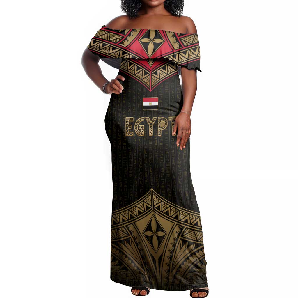 Ankh Eye of Horus Egypt Off Shoulder Maxi Dress Ancient Black Gold Hieroglyph Spirit - African Pride