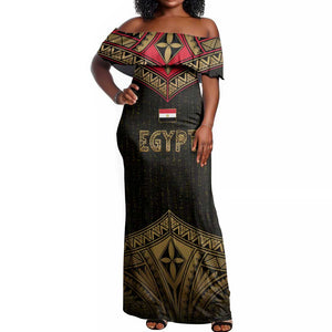Ankh Eye of Horus Egypt Off Shoulder Maxi Dress Ancient Black Gold Hieroglyph Spirit - African Pride