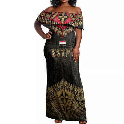 Ankh Eye of Horus Egypt Off Shoulder Maxi Dress Ancient Black Gold Hieroglyph Spirit - African Pride