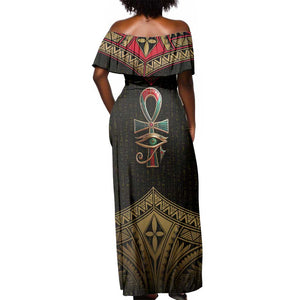 Ankh Eye of Horus Egypt Off Shoulder Maxi Dress Ancient Black Gold Hieroglyph Spirit - African Pride