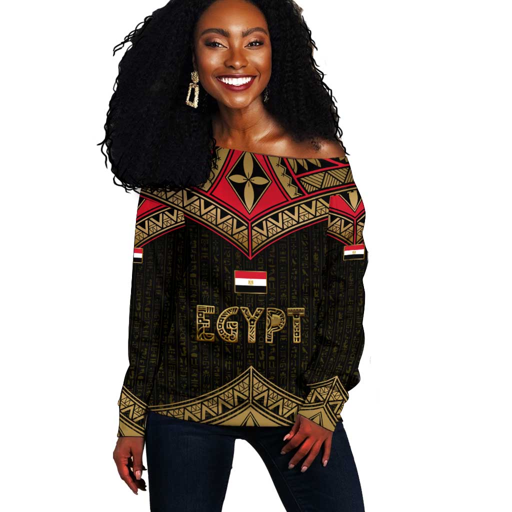 Ankh Eye of Horus Egypt Off Shoulder Sweater Ancient Black Gold Hieroglyph Spirit - African Pride