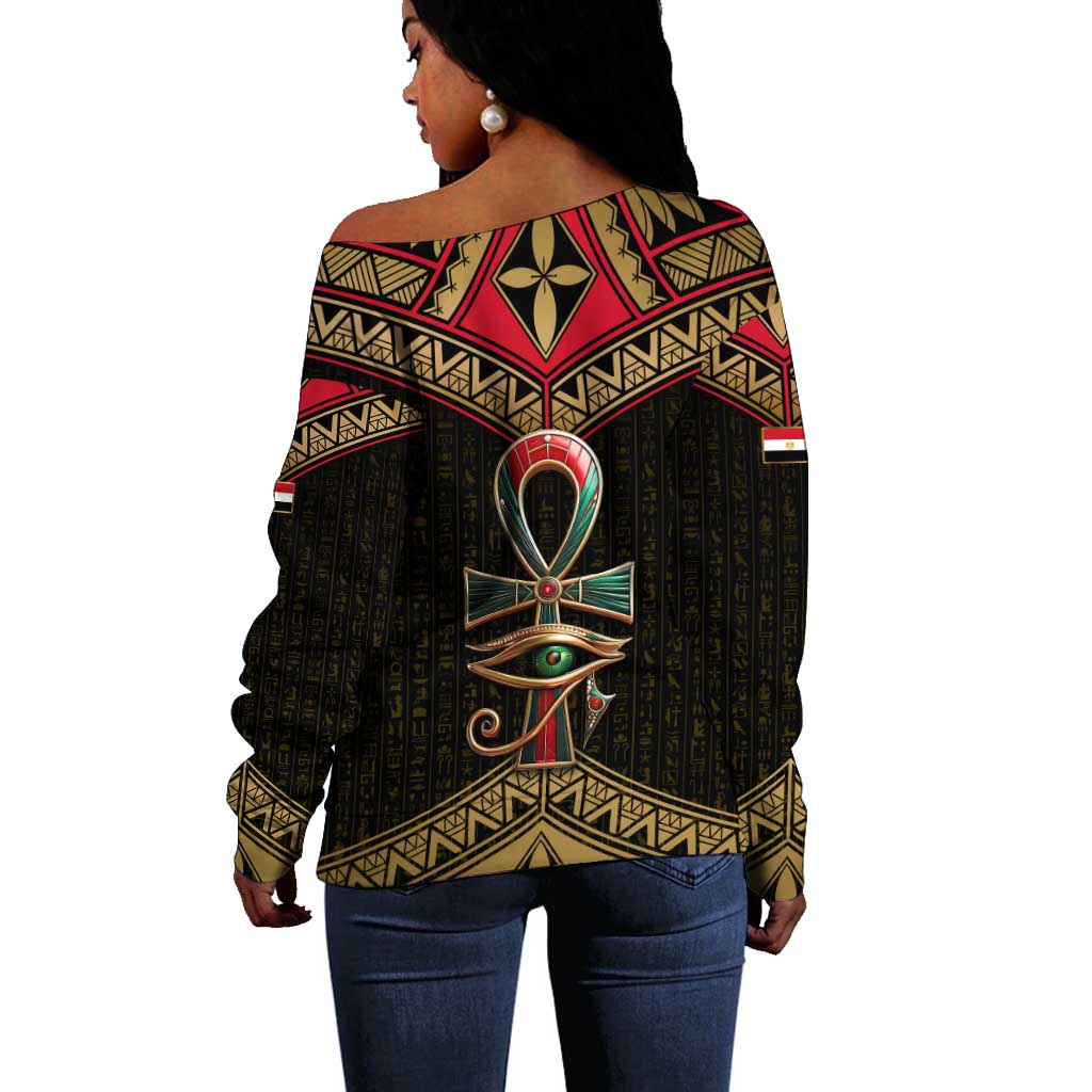 Ankh Eye of Horus Egypt Off Shoulder Sweater Ancient Black Gold Hieroglyph Spirit - African Pride