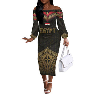 Ankh Eye of Horus Egypt Off The Shoulder Long Sleeve Dress Ancient Black Gold Hieroglyph Spirit - African Pride