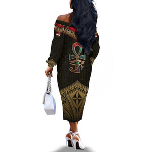 Ankh Eye of Horus Egypt Off The Shoulder Long Sleeve Dress Ancient Black Gold Hieroglyph Spirit - African Pride