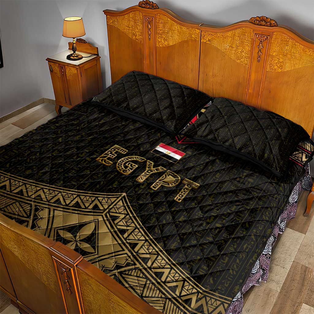 Ankh Eye of Horus Egypt Quilt Bed Set Ancient Black Gold Hieroglyph Spirit - African Pride